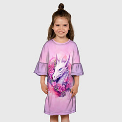 Платье клеш для девочки Дракон с цветами в акварельном стиле, цвет: 3D-принт — фото 2