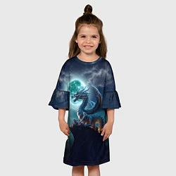 Платье клеш для девочки Дракон на скале на фоне луны, цвет: 3D-принт — фото 2