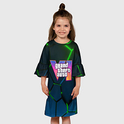 Платье клеш для девочки GTA 6 лого на фоне разлома зеленых плит, цвет: 3D-принт — фото 2