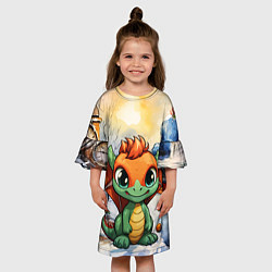 Платье клеш для девочки Зелено-оранжевый дракон, цвет: 3D-принт — фото 2