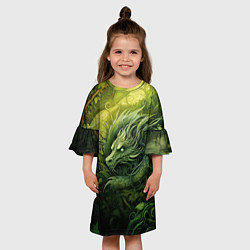 Платье клеш для девочки Зеленый лесной дракон 2024, цвет: 3D-принт — фото 2