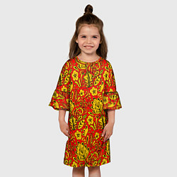 Платье клеш для девочки Хохломская роспись золотистые цветы на красном фон, цвет: 3D-принт — фото 2