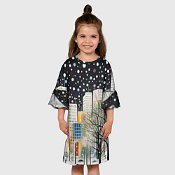 Платье клеш для девочки Новогодний ночной город, цвет: 3D-принт — фото 2