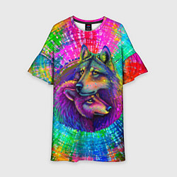 Платье клеш для девочки Цветные волк с волчицей, цвет: 3D-принт