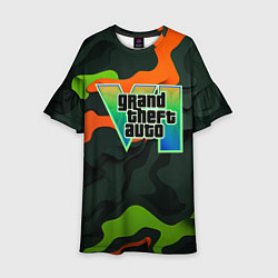 Платье клеш для девочки Gta лого зелено-оранжевый камуфляж, цвет: 3D-принт