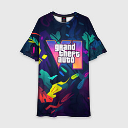 Платье клеш для девочки GTA 6 logo яркий неоновый камуфляжный стиль, цвет: 3D-принт