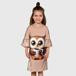 Платье клеш для девочки Мультяшная сова держит кружку с кофе, цвет: 3D-принт — фото 2