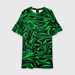 Платье клеш для девочки Узор на черном фоне с ярким зеленым абстрактным ди, цвет: 3D-принт