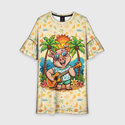 Платье клеш для девочки Свинья с гитарой жаркое лето, цвет: 3D-принт