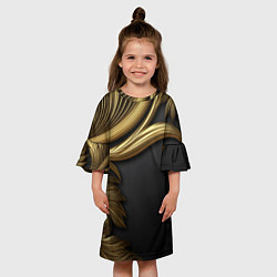 Платье клеш для девочки Золотые объемные листья на черном, цвет: 3D-принт — фото 2