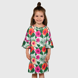 Платье клеш для девочки Цветы гибискуса и листья мальмы летний тропический, цвет: 3D-принт — фото 2