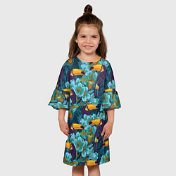 Платье клеш для девочки Узор цветы с туканом, цвет: 3D-принт — фото 2
