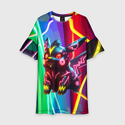 Платье клеш для девочки Чёрный неоновый Пикачу - нейроарт, цвет: 3D-принт