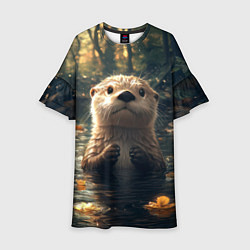 Платье клеш для девочки Выдра в летнем пруду, цвет: 3D-принт