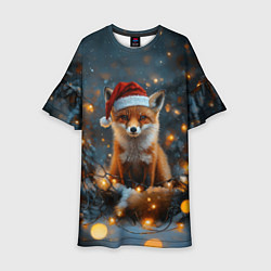 Платье клеш для девочки Новогодняя лисица в праздничном лесу, цвет: 3D-принт