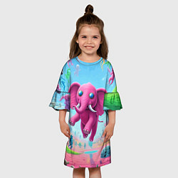 Платье клеш для девочки Парящий в воздухе розовый слон - сюрреализм, цвет: 3D-принт — фото 2