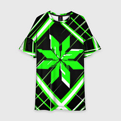 Платье клеш для девочки Зелёно-белая звезда и полосы на чёрном фоне, цвет: 3D-принт