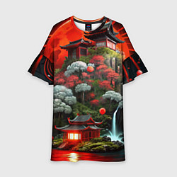 Платье клеш для девочки Японская гора природа, цвет: 3D-принт