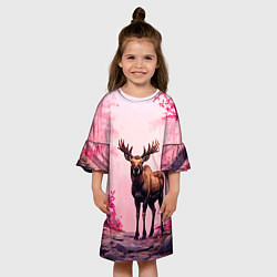 Платье клеш для девочки Лось в розовом лесу, цвет: 3D-принт — фото 2