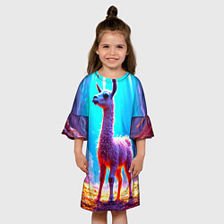 Платье клеш для девочки Лама в неоновых лучах, цвет: 3D-принт — фото 2