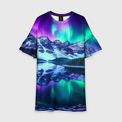 Платье клеш для девочки Северное сияние над горами - неоновое свечение, цвет: 3D-принт