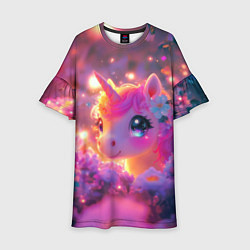 Платье клеш для девочки Единорог и светлячки, цвет: 3D-принт