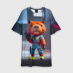 Платье клеш для девочки Крутой капибара с пистолетом - киберпанк фантазия, цвет: 3D-принт