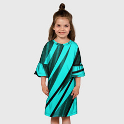 Платье клеш для девочки Неоновый голубой с чёрным абстракция с полосами, цвет: 3D-принт — фото 2