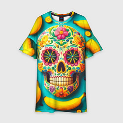 Платье клеш для девочки Череп и бананы - летняя композиция, цвет: 3D-принт