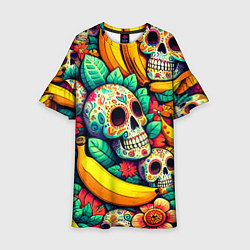 Платье клеш для девочки Паттерн из черепов и бананов - нейроарт, цвет: 3D-принт