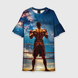 Платье клеш для девочки Тайский боксер в космосе, цвет: 3D-принт