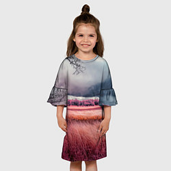 Платье клеш для девочки Поле и деревья пейзаж - инфракрасный стиль, цвет: 3D-принт — фото 2