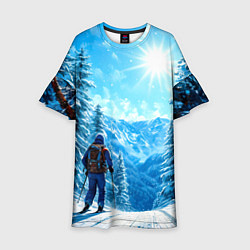 Платье клеш для девочки Лыжник в зимнем лесу, цвет: 3D-принт