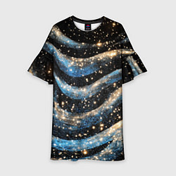 Платье клеш для девочки Волнистые синие линии на черном, цвет: 3D-принт