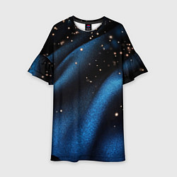 Платье клеш для девочки Синяя волнистая текстура на черном, цвет: 3D-принт