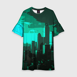 Платье клеш для девочки Стилизованный город бирюзовый, цвет: 3D-принт
