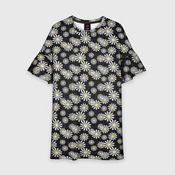 Платье клеш для девочки Белые цветы ромашки на черном в мелкий горошек, цвет: 3D-принт