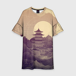 Платье клеш для девочки Ретро иллюстрация Японского храма, цвет: 3D-принт