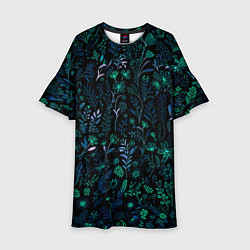 Платье клеш для девочки Чёрный в сине-зелёный цветочек, цвет: 3D-принт