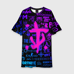 Платье клеш для девочки Doom логотипы игр неон, цвет: 3D-принт