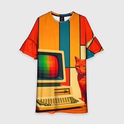 Платье клеш для девочки Кот и винтажный компьютер ретрофутуризм поп-арт 19, цвет: 3D-принт