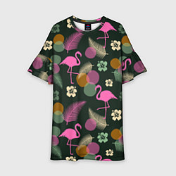 Платье клеш для девочки Фламинго и листья на темно-зеленом, цвет: 3D-принт