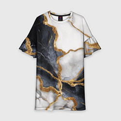 Платье клеш для девочки Мрамор белый и черный с золотом, цвет: 3D-принт