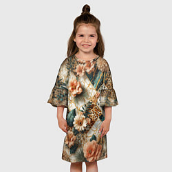 Платье клеш для девочки Цветы на кусках мрамора и леопардовом узоре, цвет: 3D-принт — фото 2