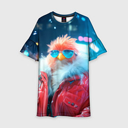 Платье клеш для девочки Розовая птичка в куртке, цвет: 3D-принт