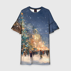 Платье клеш для девочки Новый год в Москве новогодняя елка, цвет: 3D-принт