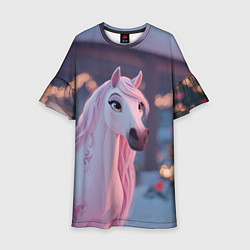 Платье клеш для девочки Лошадка и новогодняя елка, цвет: 3D-принт