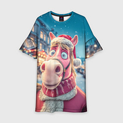 Платье клеш для девочки Лошадь на фоне новогодней улицы, цвет: 3D-принт