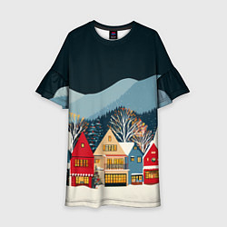 Платье клеш для девочки Новогодний городок в горах, цвет: 3D-принт