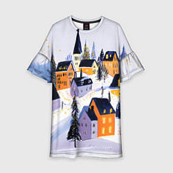 Платье клеш для девочки Новогодние домики на горе, цвет: 3D-принт